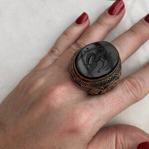 Vintage Black Dragon hierloom ring, sterling silver & black marble